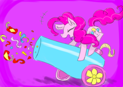Size: 1280x905 | Tagged: safe, artist:blutmie89, pinkie pie, earth pony, pony, g4, eyes closed, female, firing, mare, party cannon, purple background, simple background, solo
