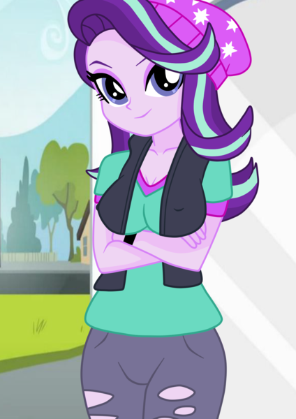 2206805 - suggestive, alternate version, artist:philelmago, starlight  glimmer, equestria girls, beanie, breasts, cleavage, clothes, crossed arms,  day, erect nipples, eyeshadow, female, grass, hat, house, looking at you,  makeup, nipple outline, nipples ...