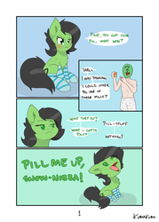 Size: 3114x4354 | Tagged: safe, artist:kumakum, oc, oc only, oc:anon, oc:filly anon, earth pony, pony, comic:anon filly casting couch, blushing, boxers, clothes, comic, dialogue, female, filly, insult, nibba, open mouth, pills, puffy cheeks, self ponidox, sitting, socks, speech bubble, striped socks, underwear