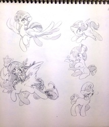 Size: 1920x2240 | Tagged: safe, apple bloom, scootaloo, sweetie belle, twilight sparkle, oc, alicorn, bird, earth pony, original species, pegasus, pony, unicorn, g4, crouching, drawing, eyes closed, female, filly, flying, foal, mare, monochrome, mouth hold, simple background, singings, traditional art, twilight sparkle (alicorn), white background