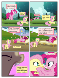 Size: 612x802 | Tagged: safe, artist:newbiespud, edit, edited screencap, screencap, fluttershy, pinkie pie, bat pony, butterfly, earth pony, pegasus, pony, comic:friendship is dragons, bats!, g4, too many pinkie pies, bat ponified, cheek squish, comic, couch, dialogue, eyes closed, fangs, female, flutterbat, mare, race swap, screencap comic, squishy cheeks, tree