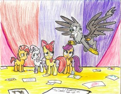 Size: 3300x2550 | Tagged: safe, artist:johnerose126, apple bloom, babs seed, gabby, scootaloo, sweetie belle, earth pony, pony, g4, cutie mark crusaders, high res, paper, traditional art