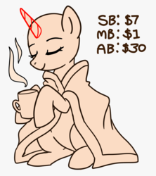 Size: 882x993 | Tagged: safe, artist:nightmare fuel, pony, auction, blanket, comfy, commission, cup, drink, eyes closed, female, hoof hold, mare, monochrome, mug, simple background, smiling, solo, ych example, your character here