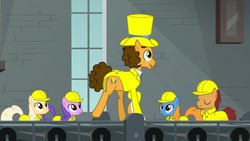 Size: 1920x1080 | Tagged: safe, screencap, banana mash, cheese sandwich, doctor hoozonfurst, giggleberry, pun twirl, earth pony, pony, g4, the last laugh, background pony, clothes, conveyor belt, female, hard hat, hat, male, mare, stallion, suit, top hat, unnamed character, unnamed pony