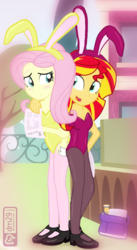Size: 467x854 | Tagged: safe, artist:dm29, color edit, edit, editor:bandgeek32, fluttershy, sunset shimmer, equestria girls, g4, bunny suit, clothes, colored, pantyhose