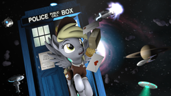 Size: 3840x2160 | Tagged: safe, artist:alicorntwilysparkle, derpy hooves, pegasus, pony, g4, 3d, back to the future, crossover, doctor who, epic derpy, female, food, high res, implied doctor whooves, letter, mailmare, muffin, package, portal (valve), revamped ponies, saturn, solo, source filmmaker, space, star trek, tardis, ufo, wheatley