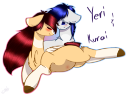 Size: 1084x800 | Tagged: safe, artist:bubbles906, oc, oc:kurai, oc:yeri, pegasus, pony, belly button, blushing, chest fluff, early pregnancy, eyes closed, female, hair over one eye, male, mare, missing wing, oc x oc, pregnant, shipping, simple background, stallion, transparent background