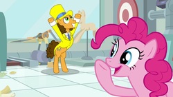 Size: 1920x1080 | Tagged: safe, screencap, cheese sandwich, pinkie pie, earth pony, pony, g4, the last laugh, clothes, duo, female, hat, male, mare, stallion, suit, top hat