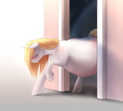 Size: 3195x2893 | Tagged: safe, artist:nsfwbonbon, oc, oc only, oc:feracity, earth pony, pony, belly, belly blush, big belly, blushing, doorway, eyes closed, female, high res, implied unbirthing, mare, pregnant, raised hoof, stuck