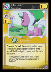 Size: 300x419 | Tagged: safe, enterplay, lilac links, earth pony, pony, g4, my little pony collectible card game, premiere, butt, card, ccg, flavor text, merchandise, plot, solo, text