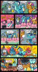 Size: 671x1280 | Tagged: safe, artist:theinspiredsphynx, gabby, gallus, princess ember, smolder, dragon, griffon, g4, amputee, ankle cuffs, comic, commission, cuffs, dialogue, female, fetish, flying, gore, magic, magical amputation, male, modular, now you're thinking with portals, paw fetish, paw pads, paws, portal, stump, tickle torture, tickling, underpaw