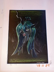 Size: 774x1032 | Tagged: safe, artist:cosmotic1214, queen chrysalis, pony, g4, colored, deviantart watermark, female, illustration, marker drawing, obtrusive watermark, pencil drawing, solo, traditional art, watermark