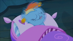 Size: 1280x720 | Tagged: safe, screencap, rainbow dash, pegasus, pony, g4, sleepless in ponyville, animated, cave, ear plugs, female, horse noises, mare, pillow, sleeping, snoring, solo, sound, webm