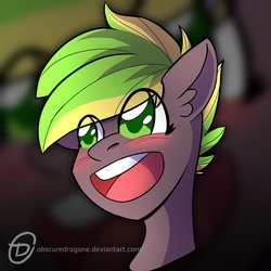 Size: 1024x1024 | Tagged: safe, artist:obscuredragone, oc, oc only, oc:lightflare, pony, big eyes, blushing, bust, commission, cute, ear fluff, green eyes, green hair, green mane, happy, open mouth, portrait, smiling, solo, ych result