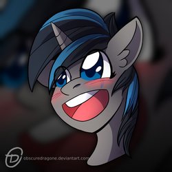 Size: 1024x1024 | Tagged: safe, artist:obscuredragone, oc, oc only, oc:blaze, pony, unicorn, big eyes, blushing, bust, commission, cute, ear fluff, happy, horn, open mouth, portrait, smiling, solo, ych result
