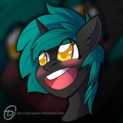 Size: 1024x1024 | Tagged: safe, artist:obscuredragone, oc, oc only, oc:whirlytail, pony, unicorn, big eyes, blushing, bust, commission, cute, ear fluff, golden eyes, green hair, green mane, happy, horn, open mouth, portrait, smiling, solo, ych result