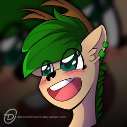 Size: 1024x1024 | Tagged: safe, artist:obscuredragone, oc, oc only, oc:moonlight serenade, deer, deer pony, original species, pony, big eyes, blushing, bust, commission, deer oc, ear fluff, eye clipping through hair, green hair, green mane, happy, horns, open mouth, piercing, portrait, smiling, solo, ych result