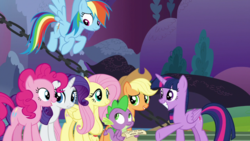 Size: 1920x1080 | Tagged: safe, screencap, applejack, fluttershy, pinkie pie, rainbow dash, rarity, spike, twilight sparkle, alicorn, dragon, pony, between dark and dawn, g4, mane six, scroll, twilight sparkle (alicorn), winged spike, wings