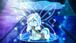 Size: 5120x2880 | Tagged: safe, artist:an-m, artist:laszlvfx, edit, oc, oc only, oc:snowdrop, earth pony, pony, blind, female, high res, older, older snowdrop, sitting, smiling, solo, wallpaper, wallpaper edit