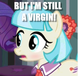 Size: 405x393 | Tagged: safe, edit, edited screencap, screencap, coco pommel, rarity, earth pony, pony, unicorn, g4, made in manehattan, blushing, caption, cropped, flower, flower in hair, image macro, solo focus, text, virgin
