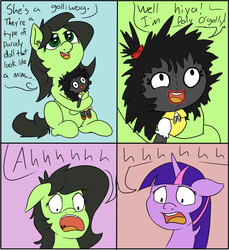 Size: 913x997 | Tagged: safe, artist:happy harvey, twilight sparkle, oc, oc:filly anon, oc:polly o'golly, pony, g4, blackface, clothes, colored, comic, dialogue, doll, female, filly, golliwog, living object, scared, screaming, screaming in the comments, toy