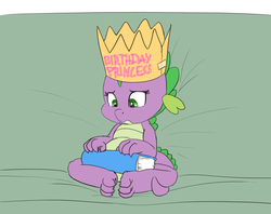 Size: 1088x860 | Tagged: safe, artist:carnifex, spike, g4, barb, barbabetes, birthday, book, couch, cute, female, hat, rule 63, rule63betes, sad, sadorable, sitting