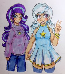 Size: 1065x1200 | Tagged: safe, artist:mylittleyuri, starlight glimmer, trixie, human, g4, clothes, female, holding hands, humanized, lesbian, ship:startrix, shipping, socks, stockings, thigh highs, traditional art