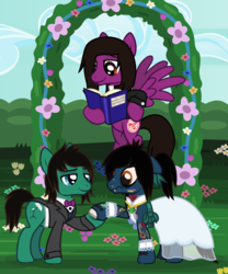 Size: 1668x2005 | Tagged: safe, artist:lightningbolt, derpibooru exclusive, earth pony, pegasus, pony, undead, zombie, zombie pony, g4, .svg available, arch, bags under eyes, blushing, bone, book, bowtie, bring me the horizon, brothers, clothes, colored blushing, colored pupils, colored sclera, crossdressing, diamond, dream sequence, dress, ears back, fangs, flower, flying, gay, glasgow smile, hedge, holding hooves, hoof hold, hoof on hip, incest, lace, lidded eyes, long sleeves, looking down, male, marriage, oliver sykes, outdoors, pierce the veil, ponified, ponytail, raised hoof, shipping, shirt, shocked, show accurate, siblings, stallion, standing, story included, suit, surprised, svg, tattoo, tom sykes, undershirt, vector, vic fuentes, wedding, wedding arch, wedding dress, wings