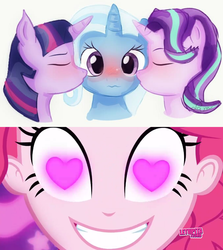 Size: 852x955 | Tagged: safe, artist:samyvillaly, edit, pinkie pie, starlight glimmer, trixie, twilight sparkle, coinky-dink world, equestria girls, g4, my little pony equestria girls: summertime shorts, female, heart eyes, lesbian, meme, pinkie's eyes, ship:startrix, ship:twixie, shipping, startwitrix, trixie gets all the mares, twixstar, wingding eyes