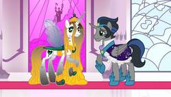 Size: 1186x674 | Tagged: safe, artist:nicholasthebluegwr, idw, king sombra, queen chrysalis, alicorn, changedling, changeling, changeling queen, pony, g4, spoiler:comic, alicornified, alternate universe, female, good king sombra, male, male alicorn, purified chrysalis, race swap, ship:chrysombra, shipping, sombracorn, straight, wing hole