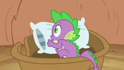 Size: 1920x1080 | Tagged: safe, screencap, spike, dragon, g4, magical mystery cure, basket, cropped, golden oaks library, male, pillow, solo, thumb sucking