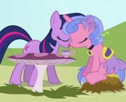 Size: 650x525 | Tagged: safe, screencap, royal ribbon, twilight sparkle, pony, unicorn, g4, magical mystery cure, cropped, cup, eyes closed, female, mare, out of context, teacup, unicorn twilight