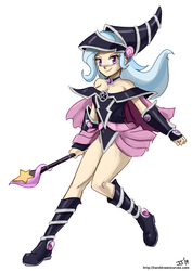Size: 1000x1411 | Tagged: safe, artist:johnjoseco, color edit, colorist:lanceomikron, edit, trixie, human, g4, alternate color palette, anime, clothes, colored, cosplay, costume, dark magician girl, female, humanized, magi magi magician gal, magic wand, palette swap, recolor, simple background, solo, wand, white background, yu-gi-oh!