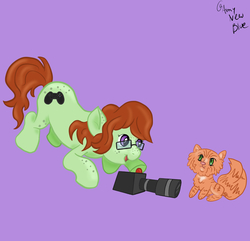 Size: 1536x1483 | Tagged: safe, artist:amynewblue, oc, oc only, cat, earth pony, pony, camera, commission, green, photography, playstation, solo, video game