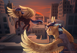 Size: 3600x2500 | Tagged: safe, artist:yarugreat, oc, pegasus, pony, duo, gun, high res, ruins, weapon