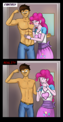 Size: 2598x5013 | Tagged: safe, artist:symptom99, pinkie pie, oc, oc:copper plume, equestria girls, g4, abs, armpits, bedroom eyes, belly button, blushing, canon x oc, clothes, comic, commission, commissioner:imperfectxiii, copperpie, expectation vs reality, fantasy, female, fetish, flexing, glasses, laughing, lidded eyes, male, muscle fetish, muscles, partial nudity, realistic, shipping, straight, topless