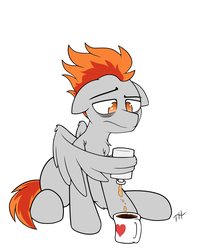 Size: 2750x3250 | Tagged: safe, artist:fakskis, oc, oc only, pegasus, pony, alcohol, bags under eyes, bottle, chest fluff, coffee, coffee mug, commission, depressed, floppy ears, high res, male, mug, no pupils, sad, simple background, sitting, solo, stallion, white background, wing hands, wings