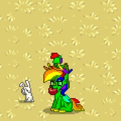 Size: 1080x1080 | Tagged: safe, artist:bravewind, oc, oc:bravewind, original species, pony, rabbit, pony town, animal, antlers, apple, bat wings, donut steel, food, grass, multicolored hair, original character do not steal, plushie, rainbow hair, rainbow tail, self ponidox, shark tail, simple background, sitting, toy, wings