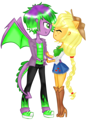 Size: 480x640 | Tagged: safe, applejack, spike, equestria girls, g4, applejack's hat, boots, clothes, cowboy hat, cutie mark on clothes, dancing, denim skirt, dragon tail, eyes closed, female, freckles, hat, high heel boots, human spike, male, miniskirt, pants, ponied up, pony ears, ship:applespike, shipping, shoes, skirt, stetson, straight, tail, wings