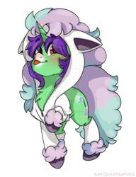 Size: 784x1019 | Tagged: safe, artist:cottonsweets, oc, oc only, oc:crescent star, crystal pony, crystal unicorn, galarian ponyta, pony, ponyta, unicorn, clothes, hoodie, mlem, pokemon sword and shield, pokémon, silly, simple background, socks, solo, tongue out, transparent background