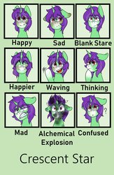 Size: 1300x2000 | Tagged: safe, artist:cottonsweets, oc, oc only, oc:crescent star, crystal pony, crystal unicorn, pony, unicorn, angry, blank stare, confused, emotions, explosion, glasses, happy, sad, solo, thinking, waving