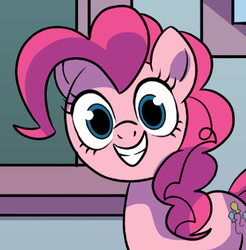 Size: 682x692 | Tagged: safe, artist:trish forstner, edit, idw, pinkie pie, earth pony, pony, g4, spoiler:comic, spoiler:comicholiday2019, cropped, female, grin, mare, smiling, solo, upscaled