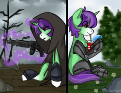 Size: 1300x1000 | Tagged: safe, artist:cottonsweets, oc, oc only, oc:crescent star, crystal pony, crystal unicorn, cyborg, pony, unicorn, fallout equestria, armor, cloak, clothes, cup, cyber legs, cyberpunk, drinking, exhausted, forest, gun, happy, hmg, hologram, machine gun, magic, solo, straw, technology, wasteland, weapon