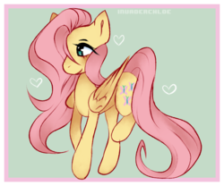Size: 960x800 | Tagged: safe, artist:invxderchloe, fluttershy, pegasus, pony, g4, blushing, female, folded wings, heart, looking away, mare, raised leg, smiling, solo, standing, stray strand, three quarter view, wings