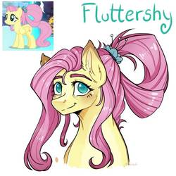 Size: 894x894 | Tagged: safe, artist:rubimlp6, fluttershy, pony, g4, the last problem, blushing, bust, ear fluff, eyebrows, female, looking at you, mare, name, older, older fluttershy, portrait, simple background, smiling, solo, stray strand, three quarter view, white background