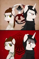 Size: 726x1100 | Tagged: safe, artist:ladyluna2, pegasus, pony, unicorn, angry, armor, cape, clothes, comic, duo, eye scar, female, gritted teeth, kylo ren, male, mare, ponified, rey, robe, scar, stallion, star wars