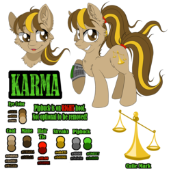 Size: 2000x2000 | Tagged: safe, artist:mychelle, oc, oc only, oc:karma, earth pony, pony, female, high res, mare, pipbuck, reference sheet, simple background, solo, transparent background