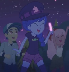 Size: 712x749 | Tagged: safe, screencap, mile hill, raspberry lilac, space camp, equestria girls, equestria girls series, g4, the last drop, cheering, cropped, glowstick, happy, hat, night