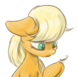 Size: 512x512 | Tagged: safe, artist:kovoranu, applejack, earth pony, insect, pony, g4, bust, cute, female, floppy ears, hatless, mare, missing accessory, portrait, simple background, solo, white background