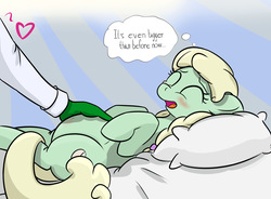 Size: 3156x2329 | Tagged: safe, artist:yukkuripalehorse, oc, oc:anon, oc:minty steps, earth pony, pony, belly button, bellyrubs, blushing, dialogue, female, heart, high res, mare, on back, pregnant